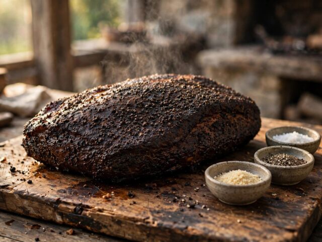 Smoked brisket with dark bark on a cutting board beside bowls of coarse salt, cracked pepper, and granulated garlic