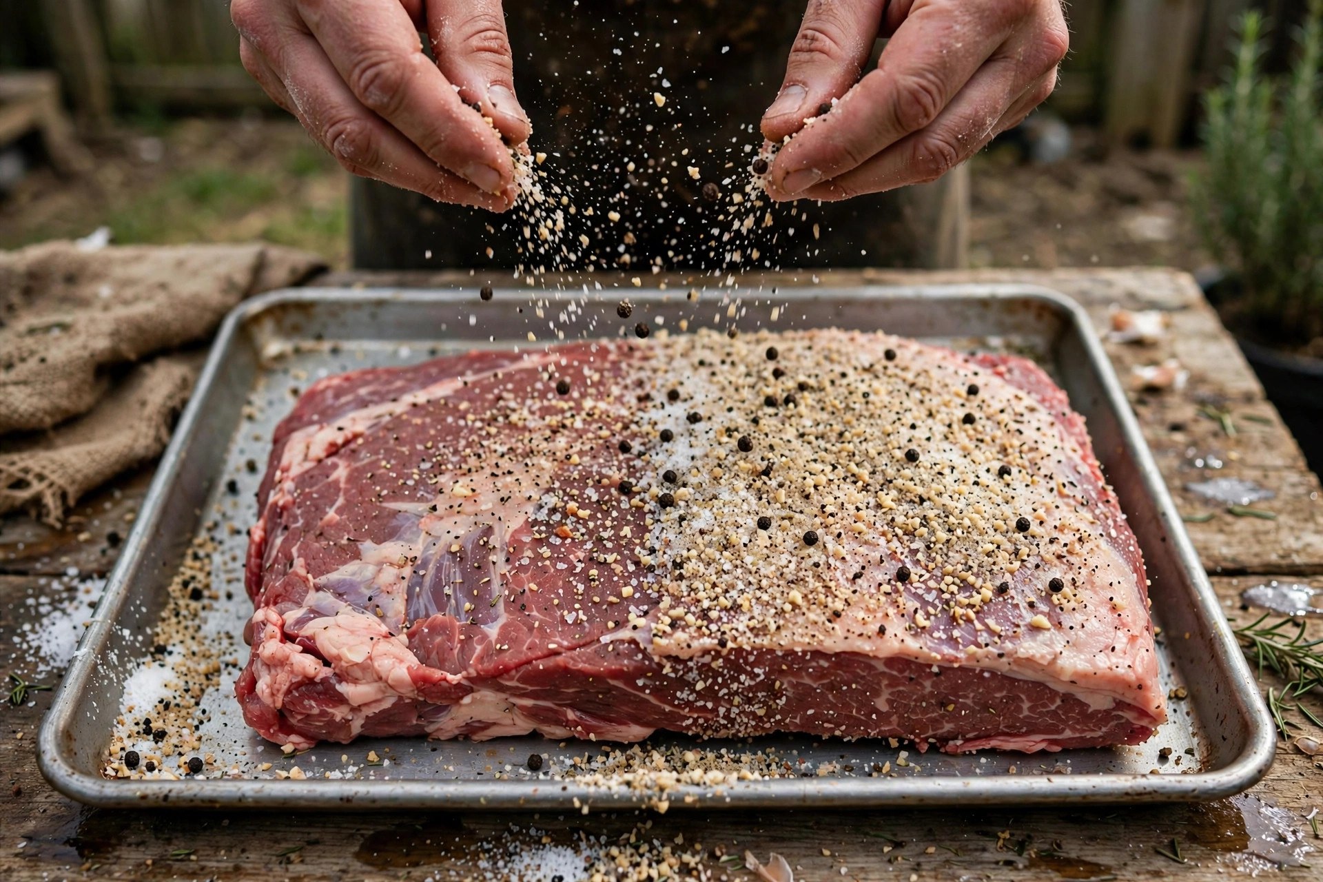 Hands sprinkling coarse SPG seasoning onto a raw trimmed brisket on a sheet tray