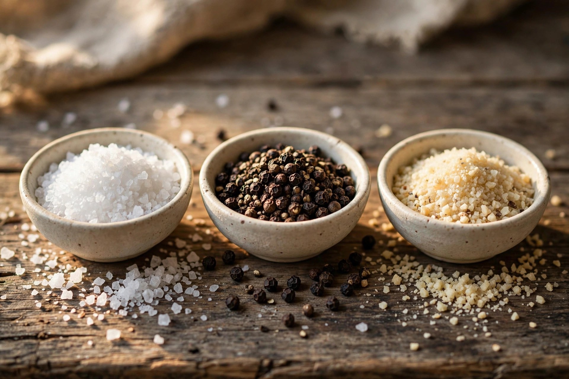 Three small bowls of coarse kosher salt, cracked black pepper, and granulated garlic on a wooden table