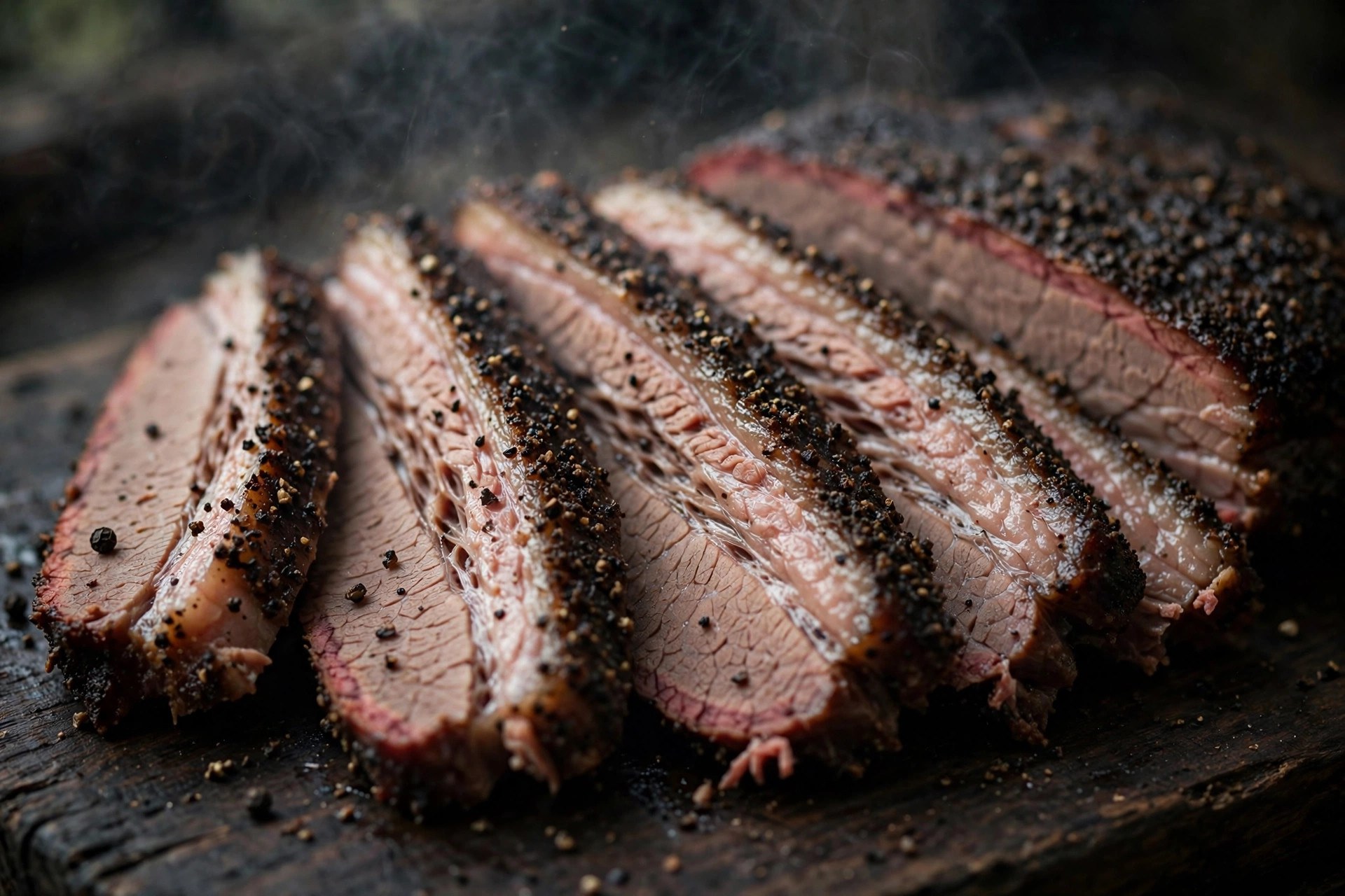 Sliced smoked brisket fanned on a wooden board showing the dark peppery bark