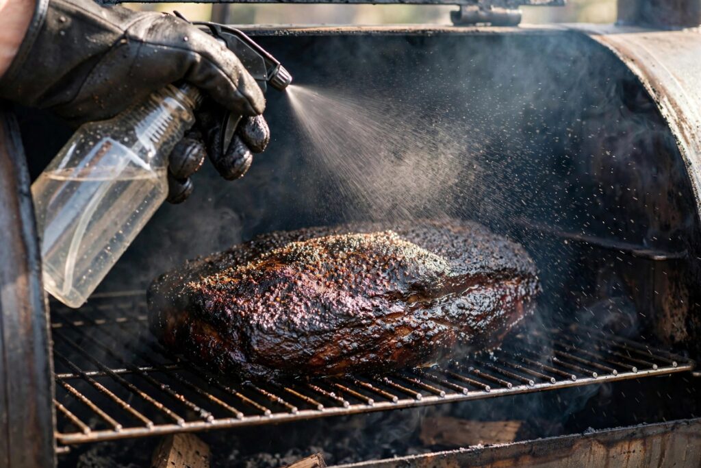 Pitmaster spritzing a dark-barked brisket with a spray bottle inside an offset smoker