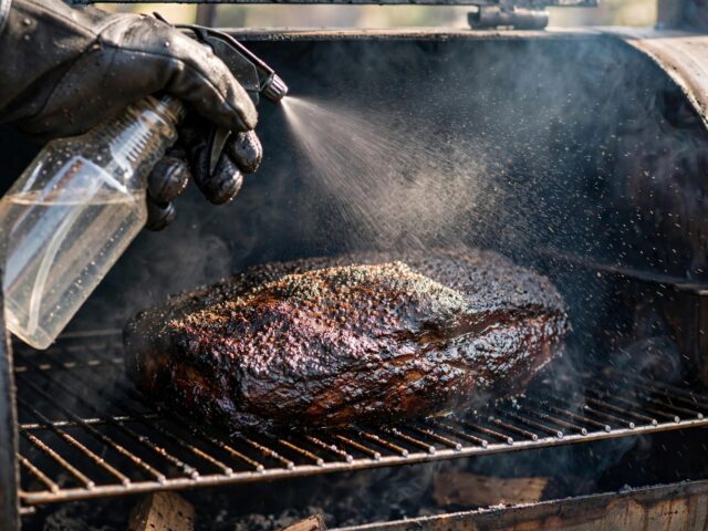 Pitmaster spritzing a dark-barked brisket with a spray bottle inside an offset smoker