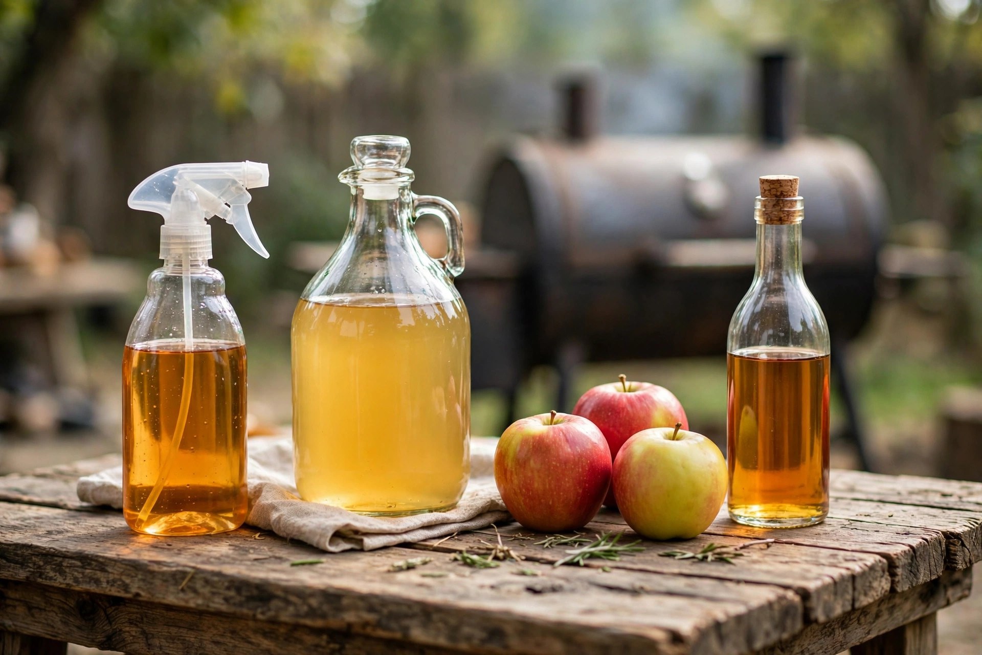 Spray bottle with spritz liquid beside apple juice, apples, and vinegar on a wooden table