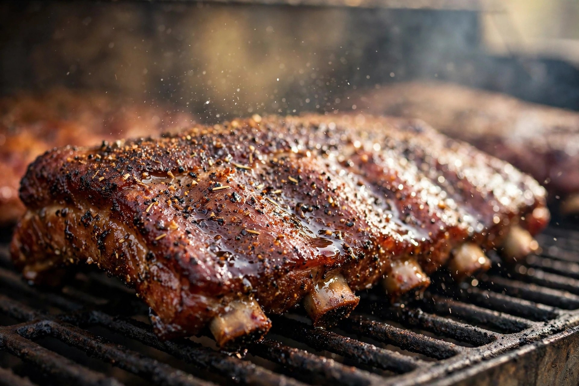 Spritzed pork ribs with caramelized bark glistening on a smoker grate