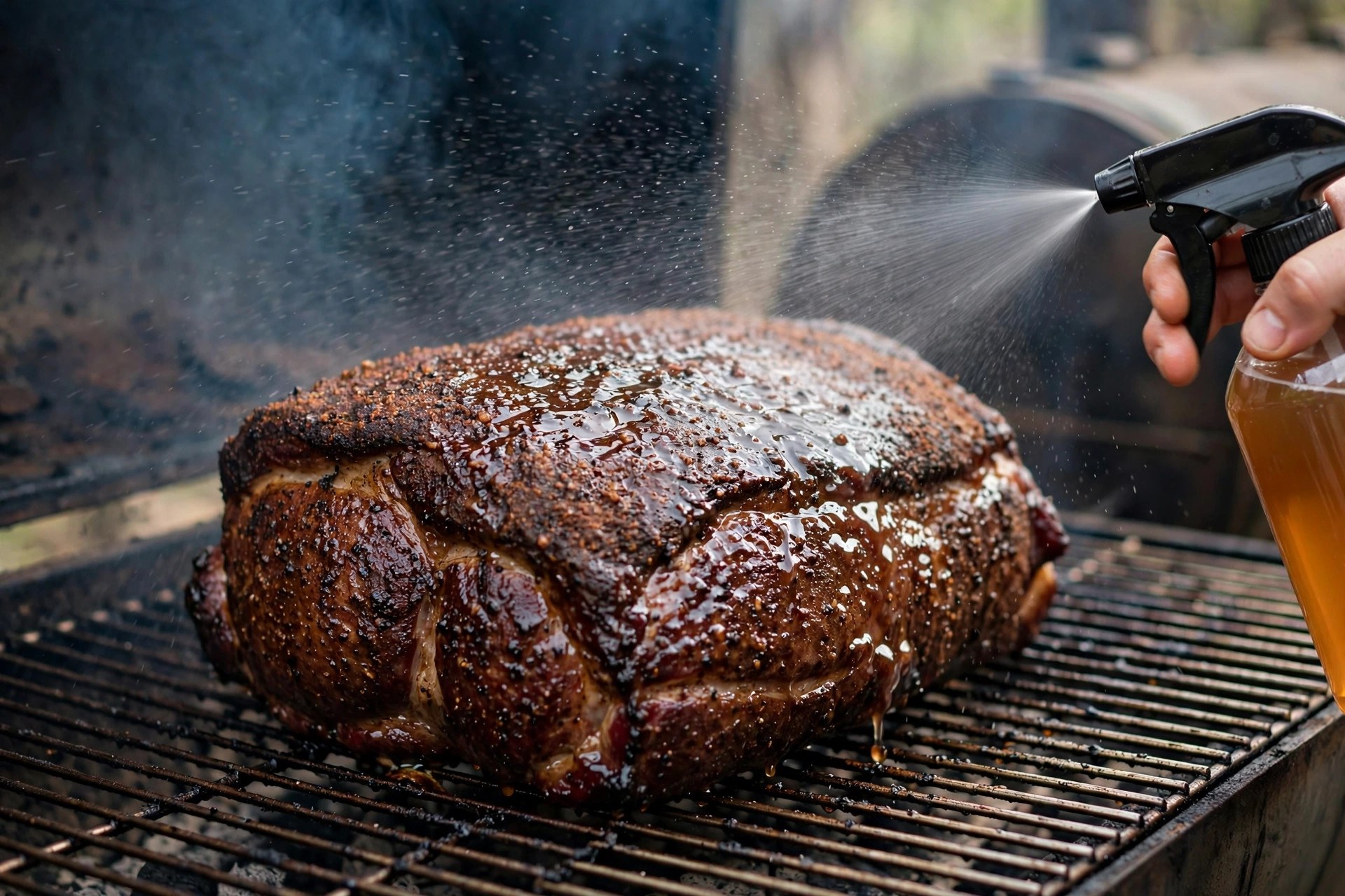 A hand spray bottle misting a pork shoulder with apple juice spray inside a smoker