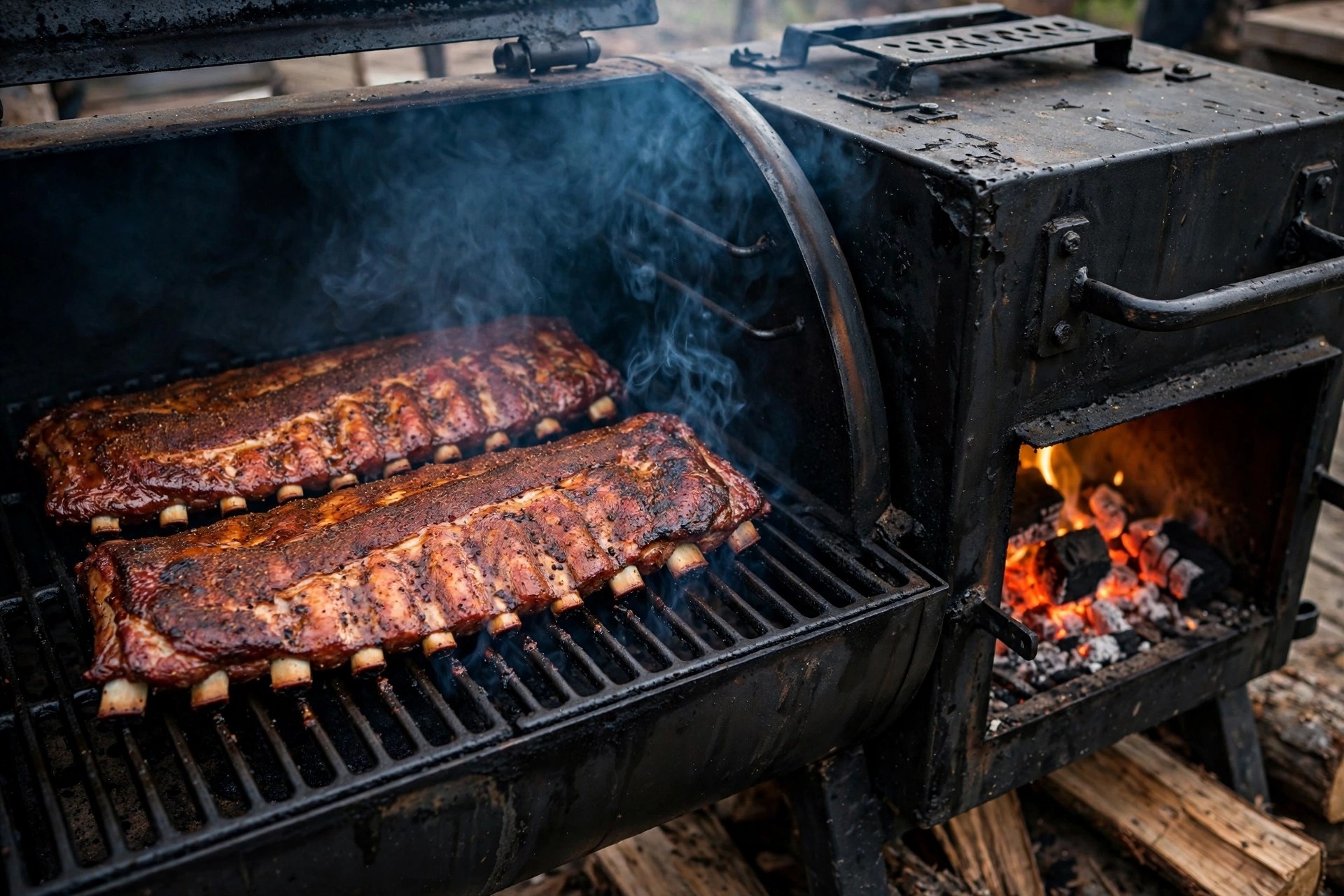 St. Louis style rib racks smoking on an offset smoker with thin blue smoke