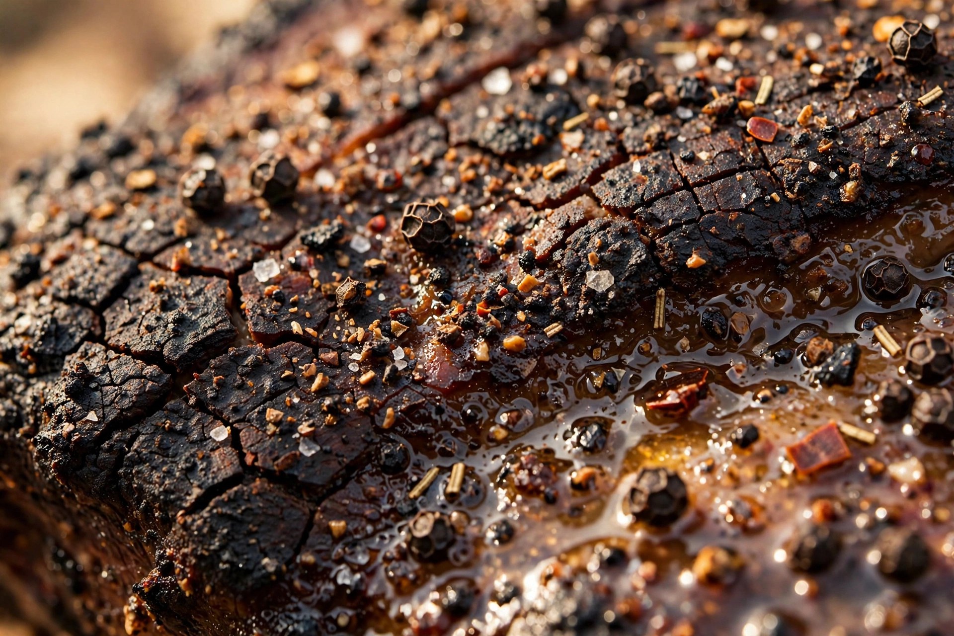 Extreme close-up of dark crusty brisket bark with cracked pepper and glistening rendered fat