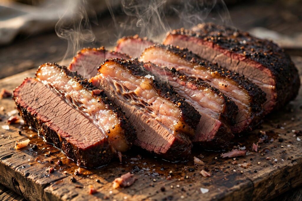 Sliced smoked brisket with dark mahogany bark on a wooden cutting board with smoke rising