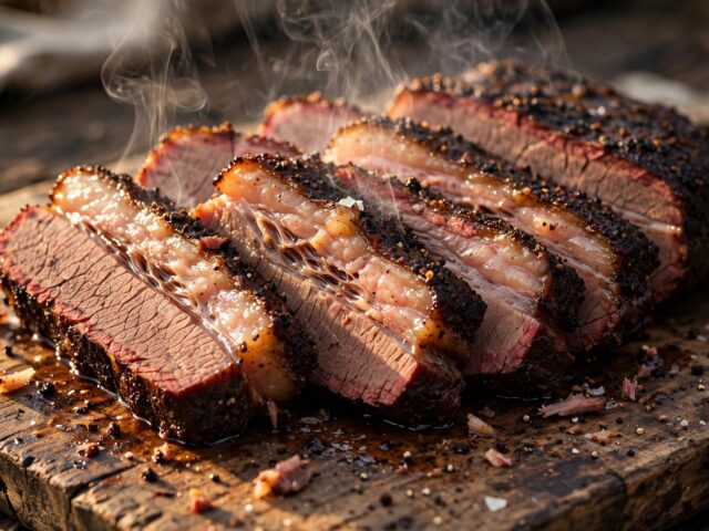 Sliced smoked brisket with dark mahogany bark on a wooden cutting board with smoke rising