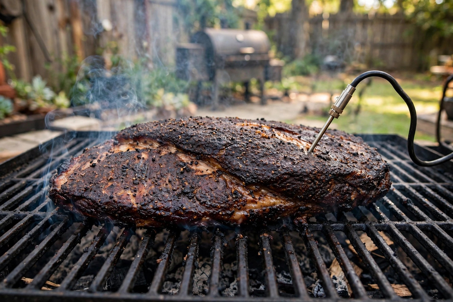 Leave-in probe thermometer inserted into a brisket cooking on a smoker grate with light smoke