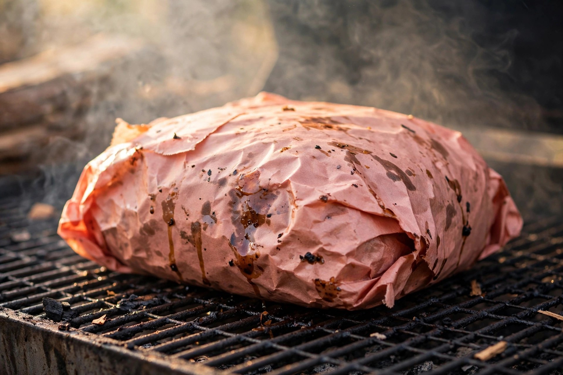 Smoked brisket wrapped in pink peach butcher paper on a smoker grate