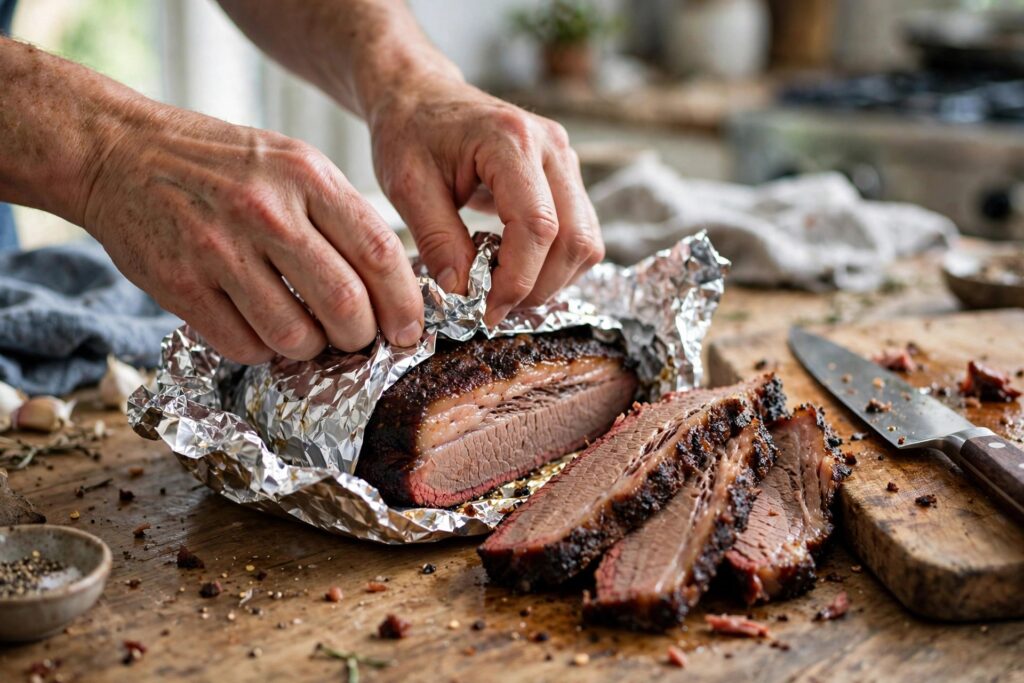 Hands wrapping leftover smoked brisket tightly in aluminum foil on a wooden countertop