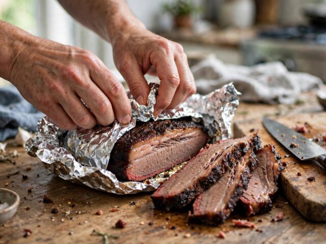 Hands wrapping leftover smoked brisket tightly in aluminum foil on a wooden countertop