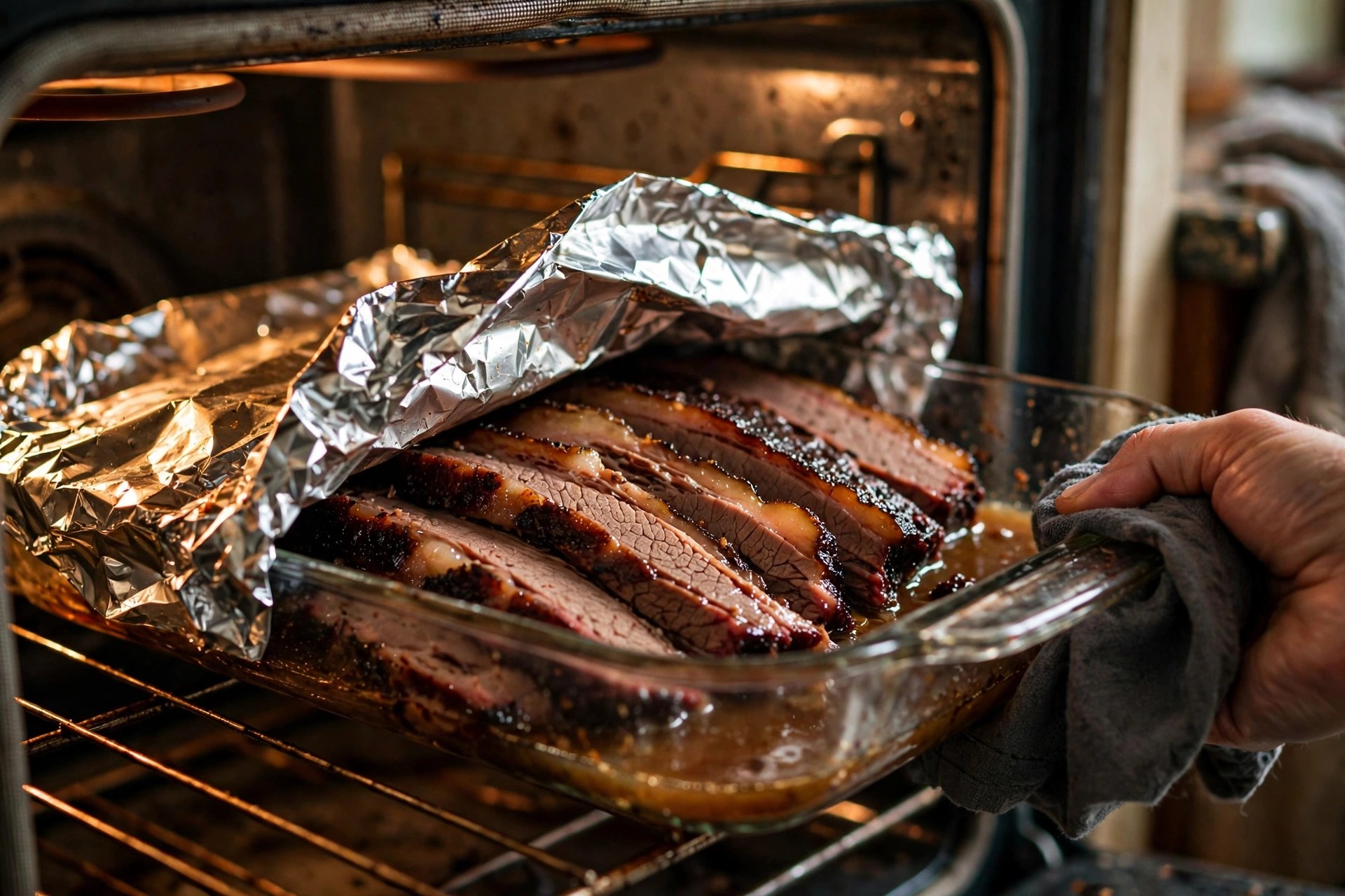 Sliced brisket reheating covered in foil in a baking dish with broth in the oven