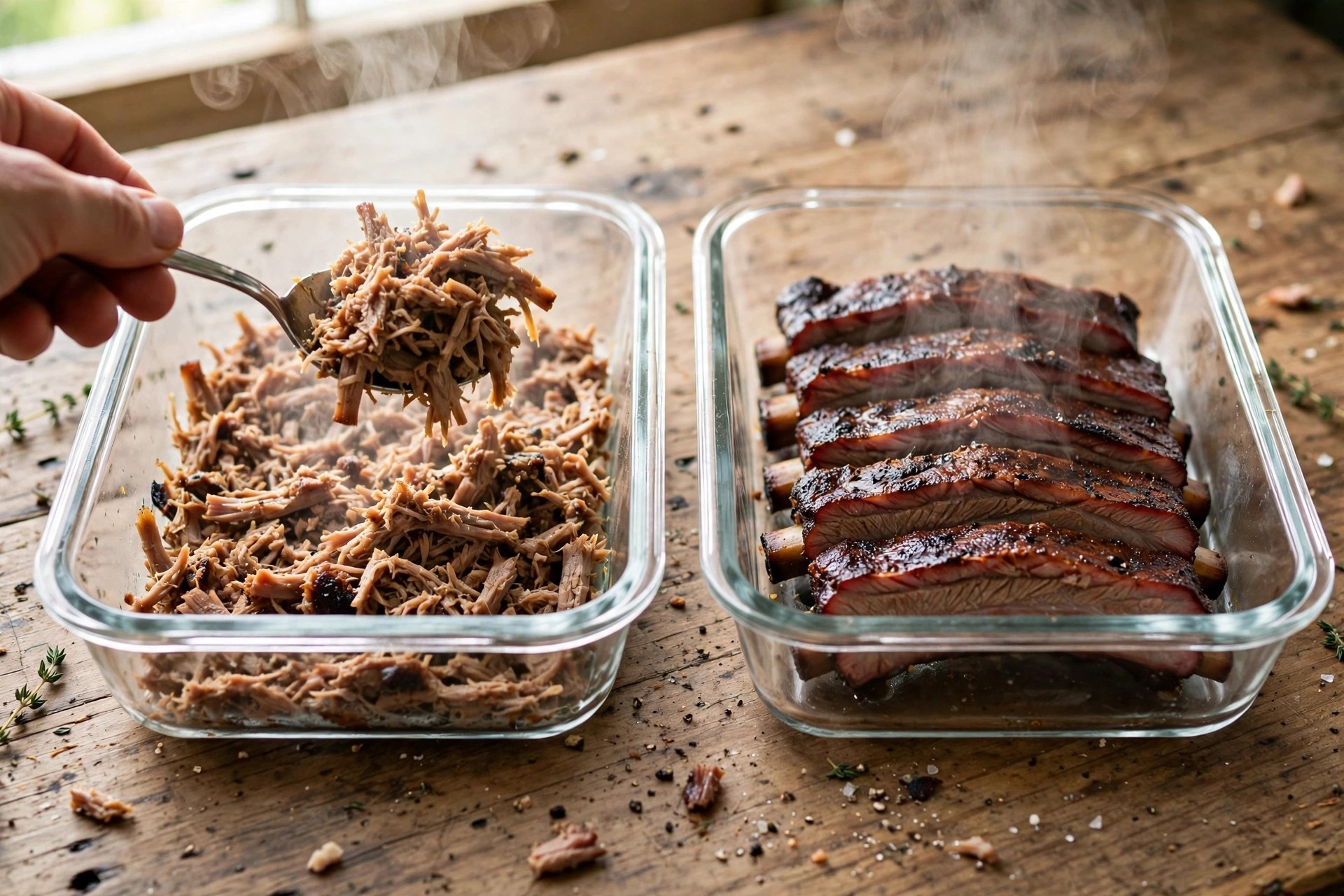 Pulled pork being divided into shallow glass containers for fast cooling before refrigeration