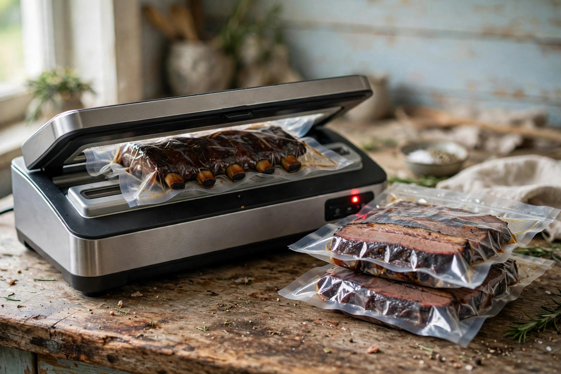 Vacuum sealer sealing bags of smoked ribs and brisket for freezer storage