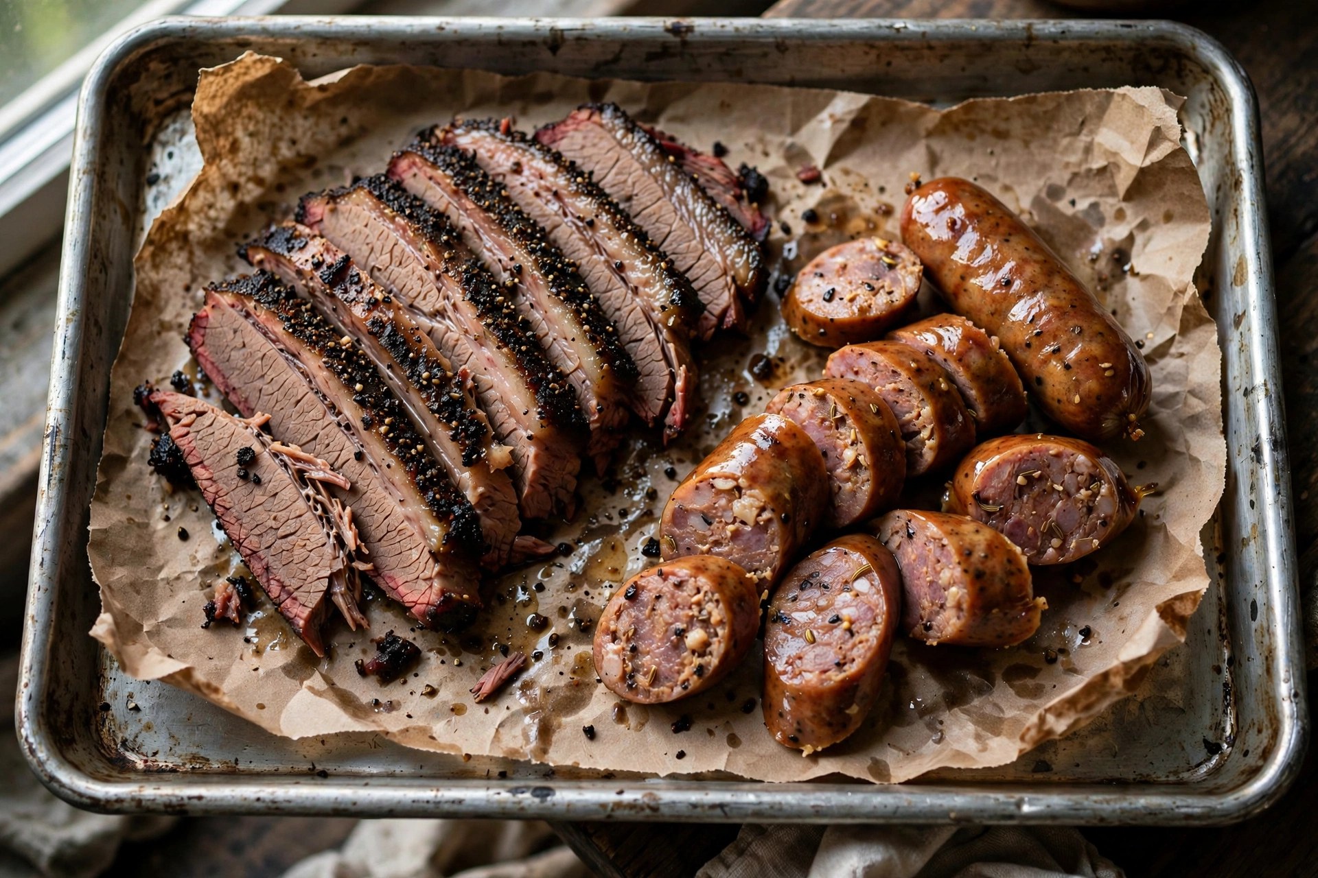 Metal tray with sliced brisket and Czech-style smoked sausage links on butcher paper