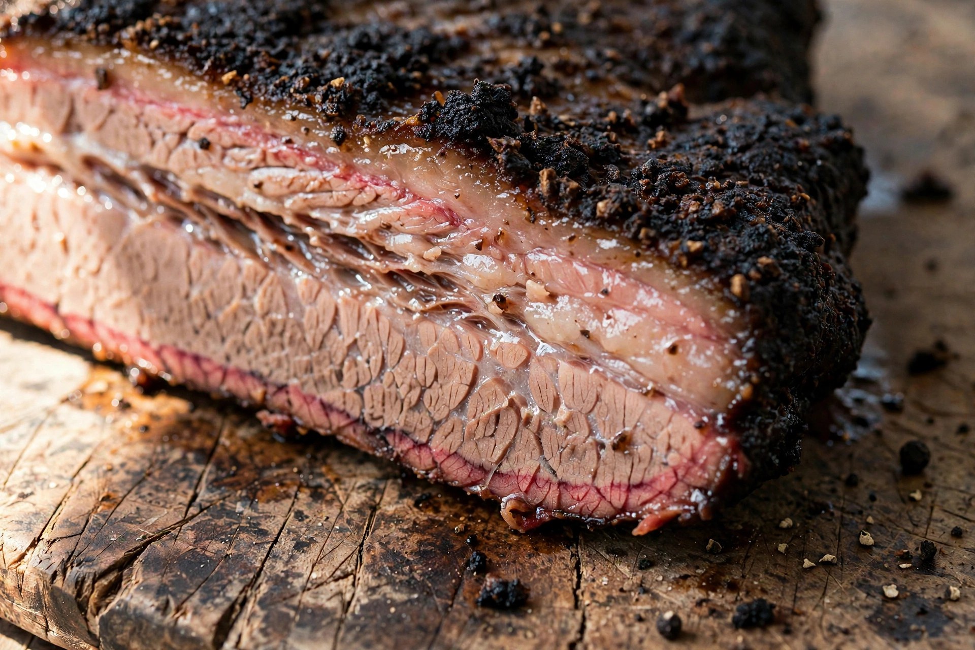 Close-up of a brisket slice showing dark peppery bark, pink smoke ring, and juicy marbled interior on a cutting board