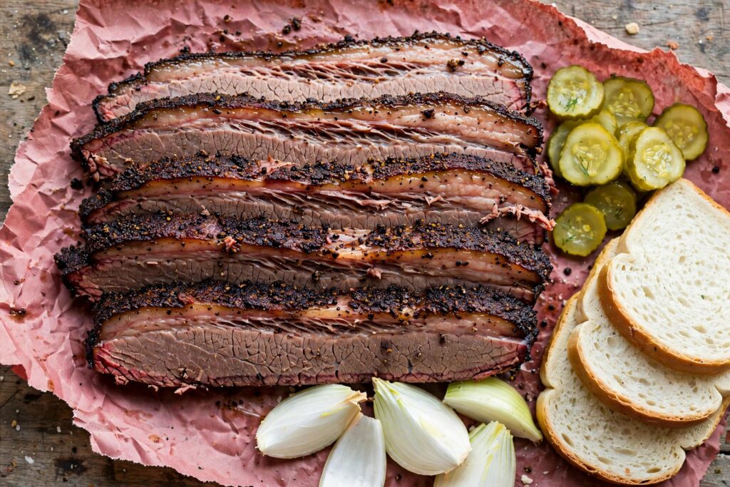Sliced Central Texas brisket with dark peppery bark on pink butcher paper with pickles, white bread, and onion