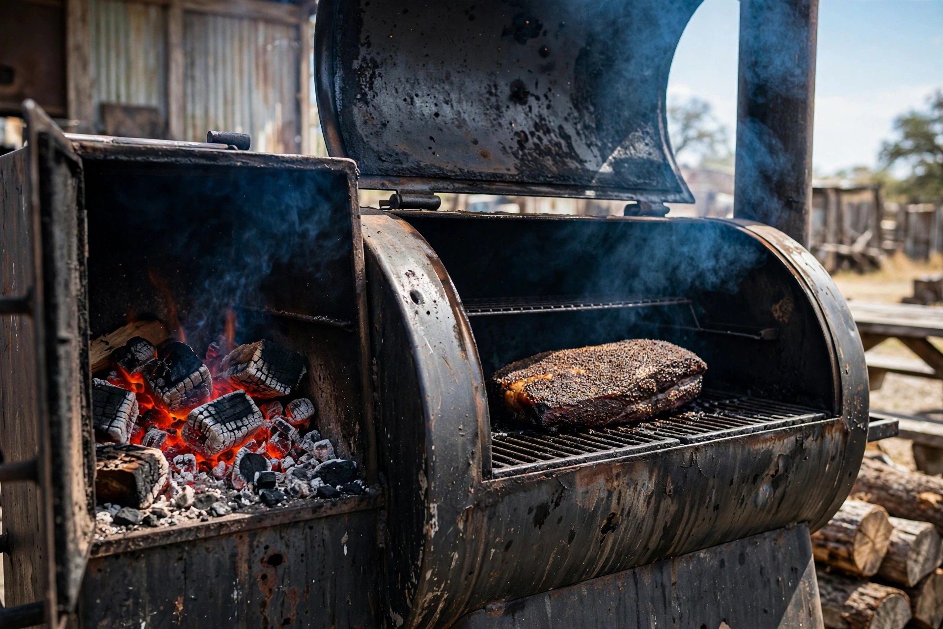 Offset smoker with glowing post oak coals in the firebox and a brisket on the grate, thin smoke rising