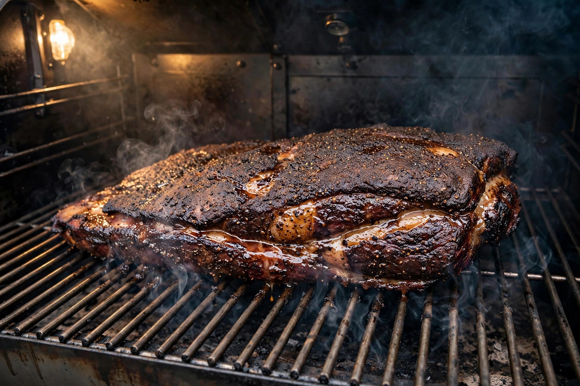Brisket cooking on a smoker grate with faint wisps of clean smoke curling around it
