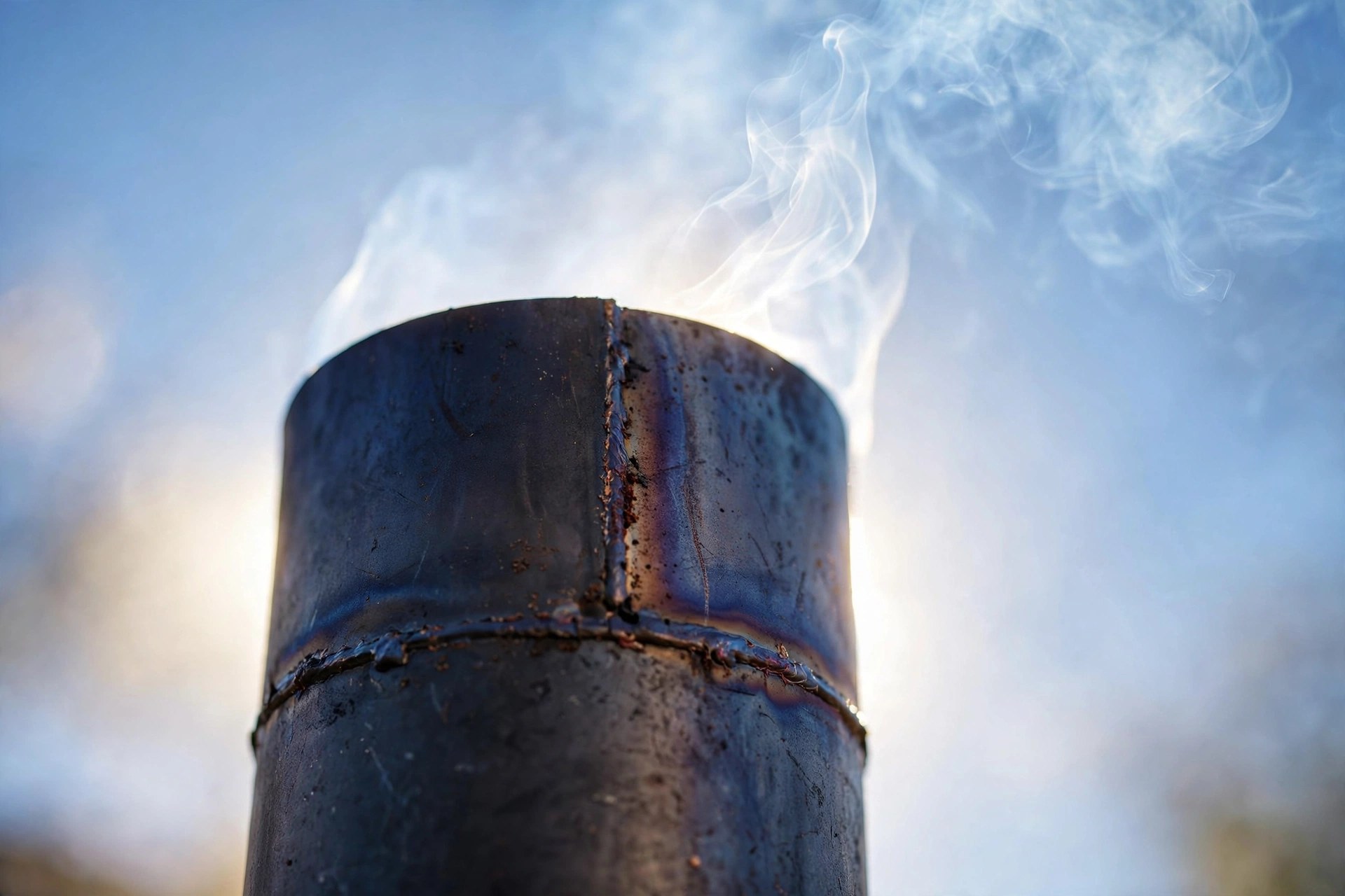 Offset smoker chimney releasing a faint wisp of thin blue smoke against a bright sky