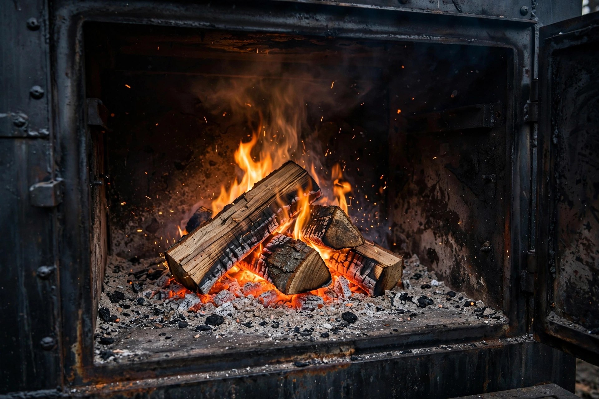 Small clean-burning fire of wood splits with visible flame inside a smoker firebox