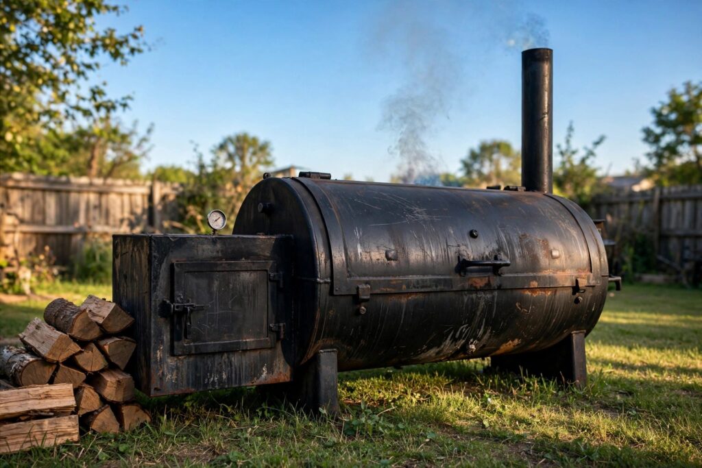 Offset smoker in a backyard with a faint wisp of thin smoke rising from the chimney against a blue sky