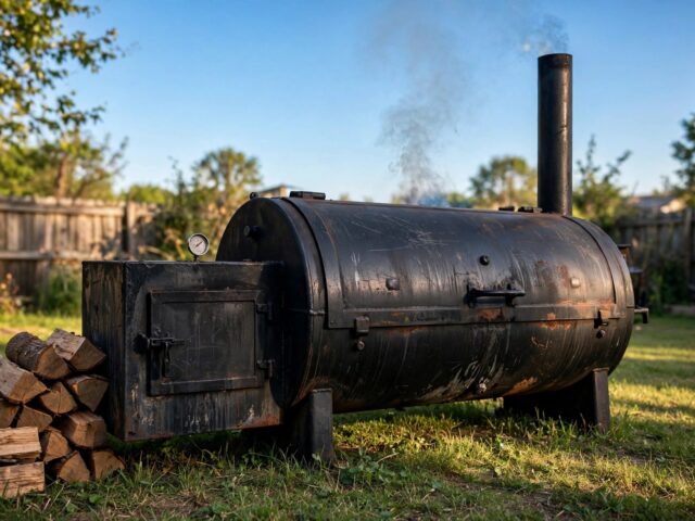 Offset smoker in a backyard with a faint wisp of thin smoke rising from the chimney against a blue sky