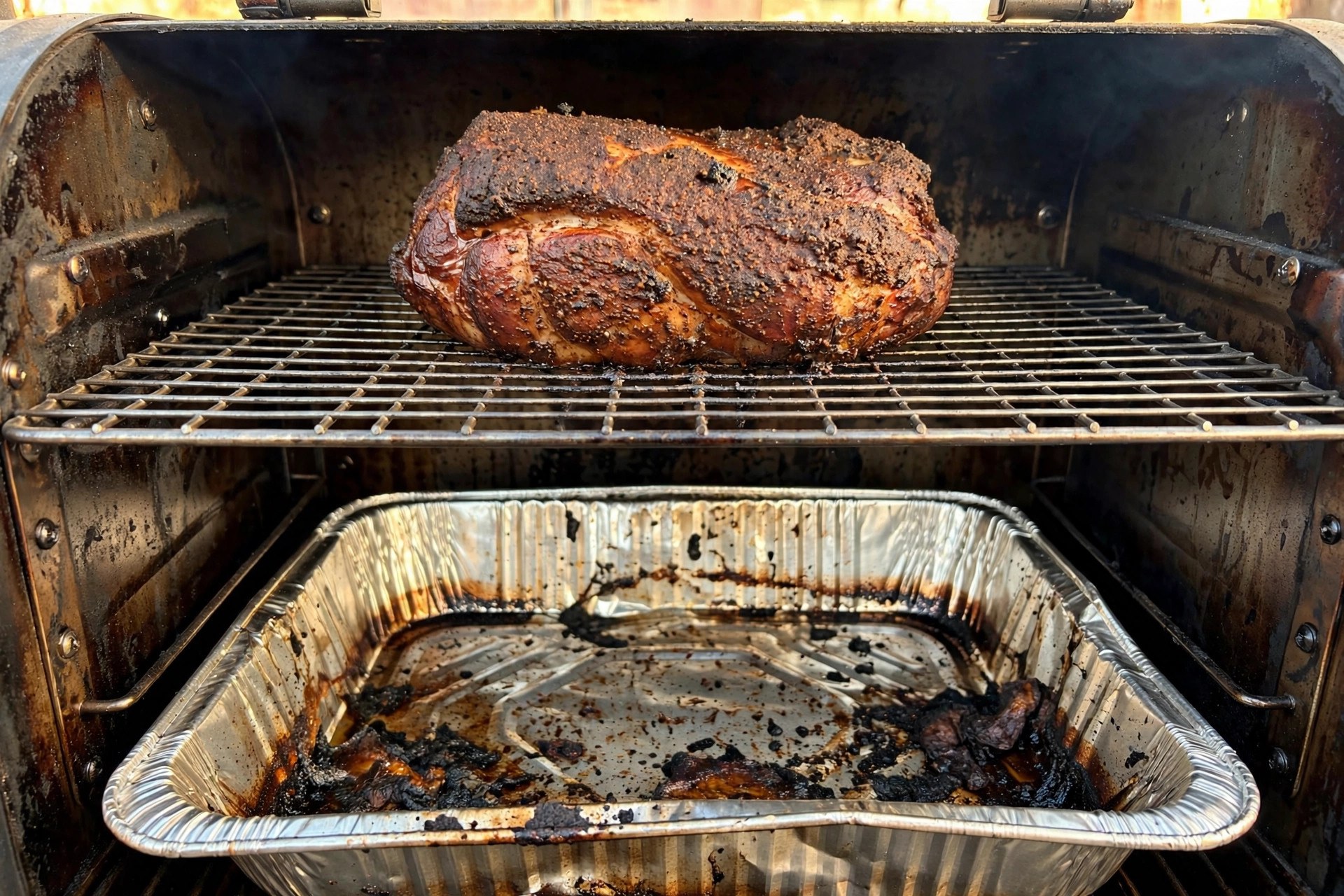 A water pan boiled completely dry with scorched drippings residue sitting under a pork shoulder in a smoker