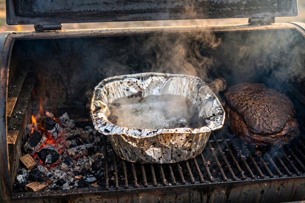 Steaming water pan in an offset smoker beside a brisket with dark bark