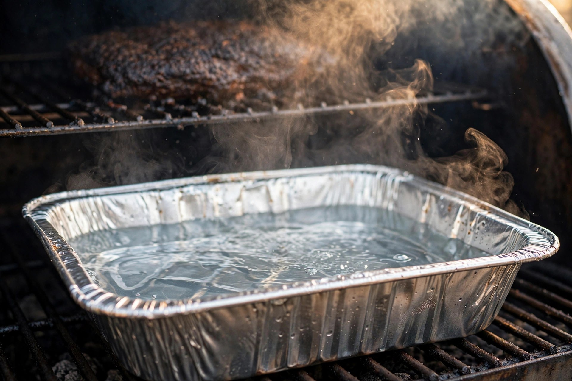 Close-up of a water pan steaming inside a smoker with a dark-barked brisket on the grate above