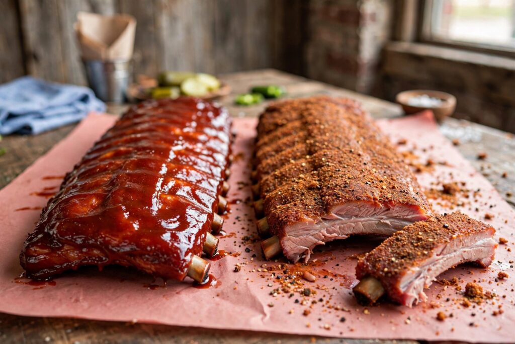 Two racks of ribs side by side on butcher paper — glossy sauced wet ribs and spice-crusted dry ribs