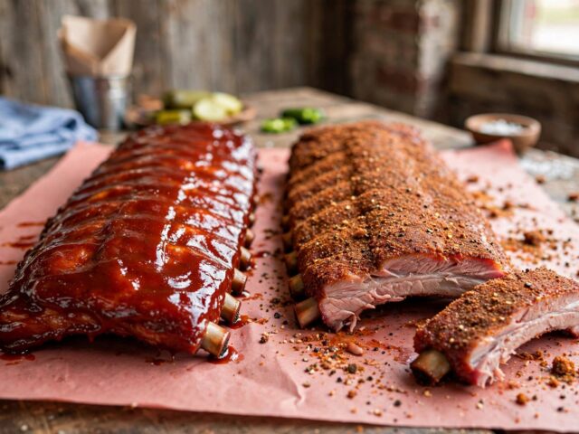 Two racks of ribs side by side on butcher paper — glossy sauced wet ribs and spice-crusted dry ribs