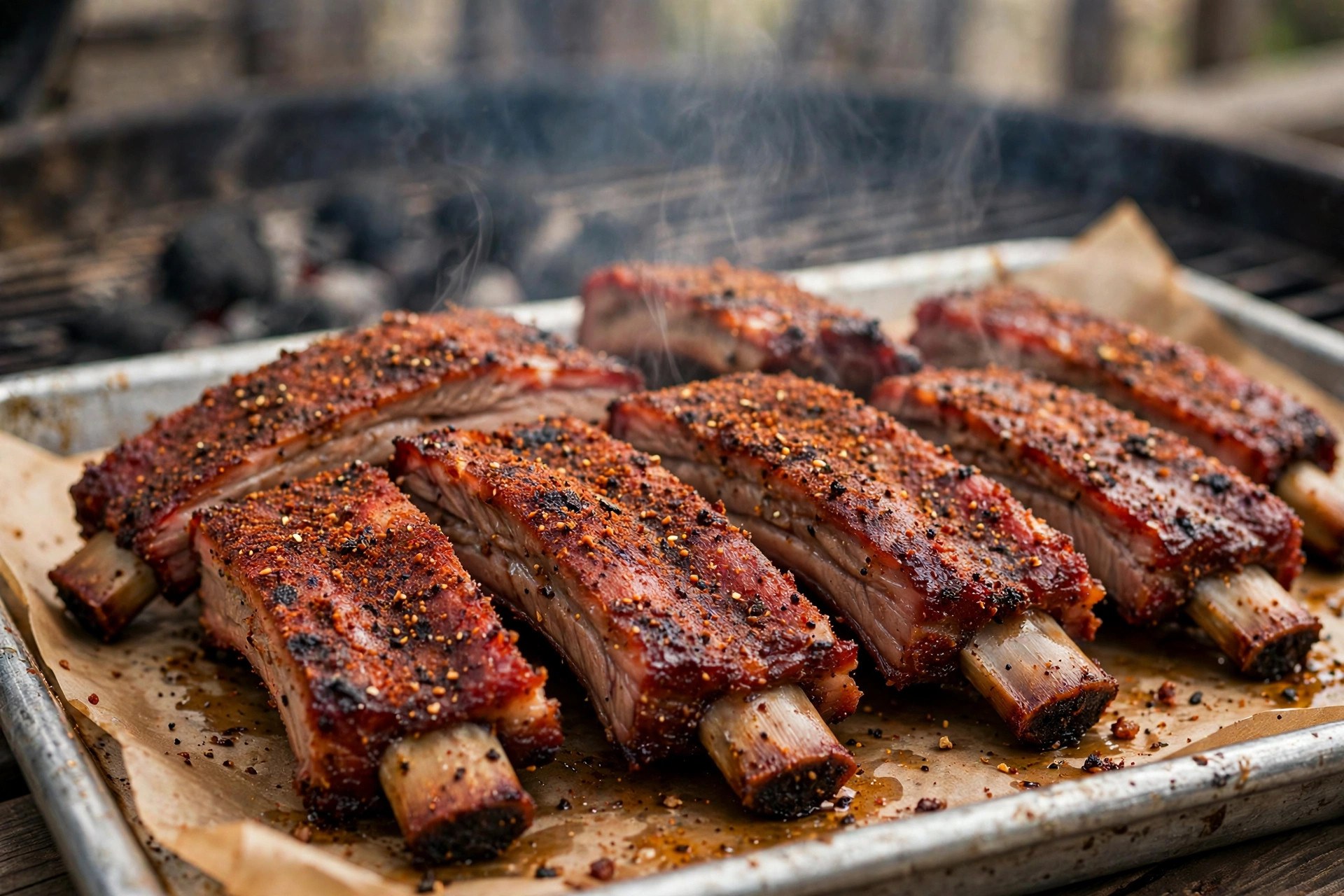 Dry-rub ribs with heavy spice crust sliced on a metal tray