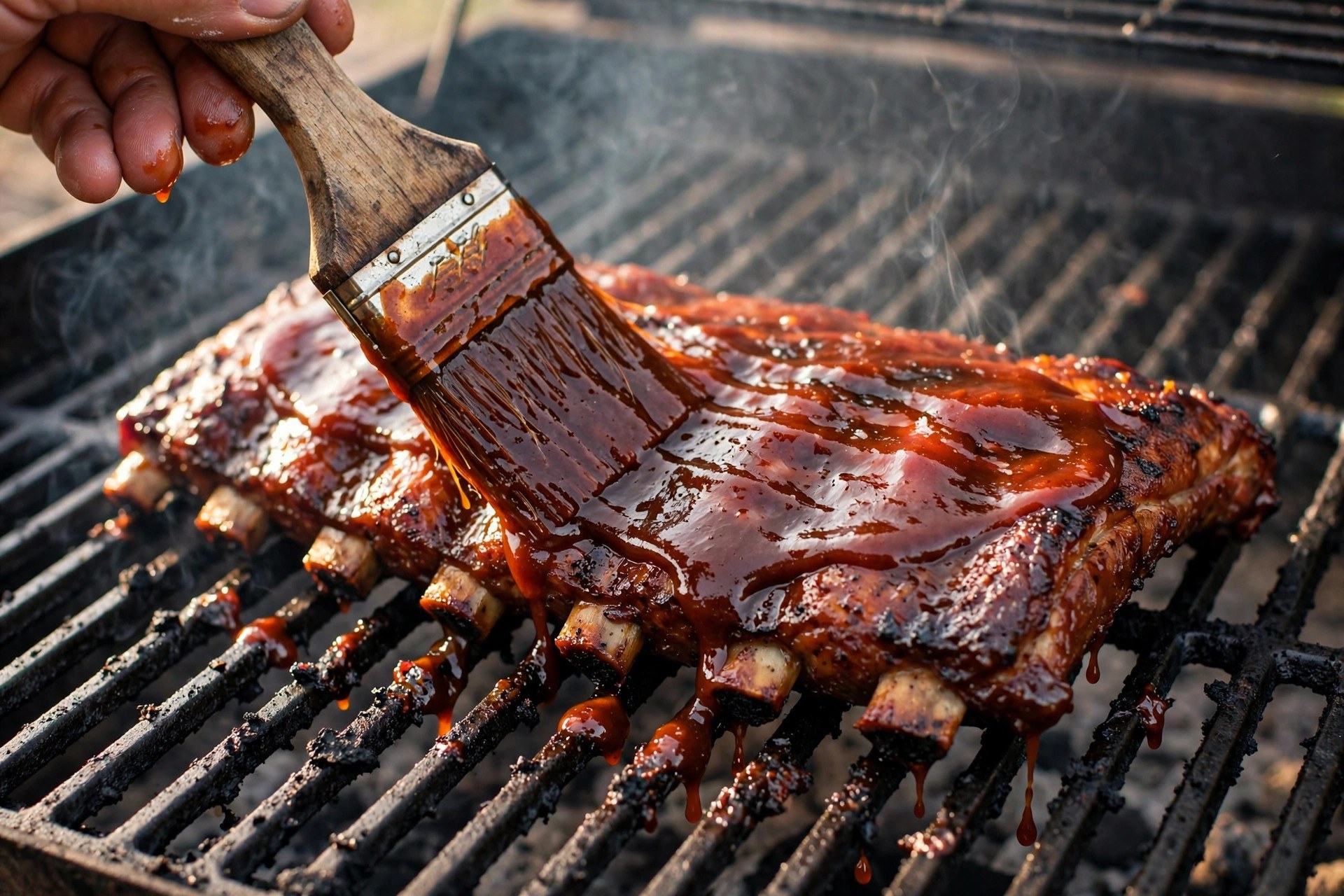 Brush spreading glossy barbecue sauce over ribs on a grill