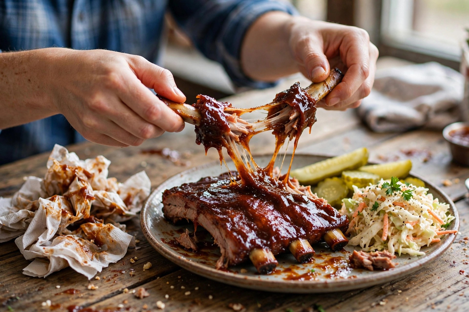 Hands pulling apart a sticky sauced rib with napkins and coleslaw on the table