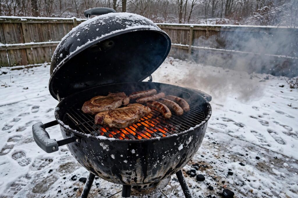 Kettle grill with lid open, cooking steaks and sausages in a snowy backyard, smoke rising from the hot coals