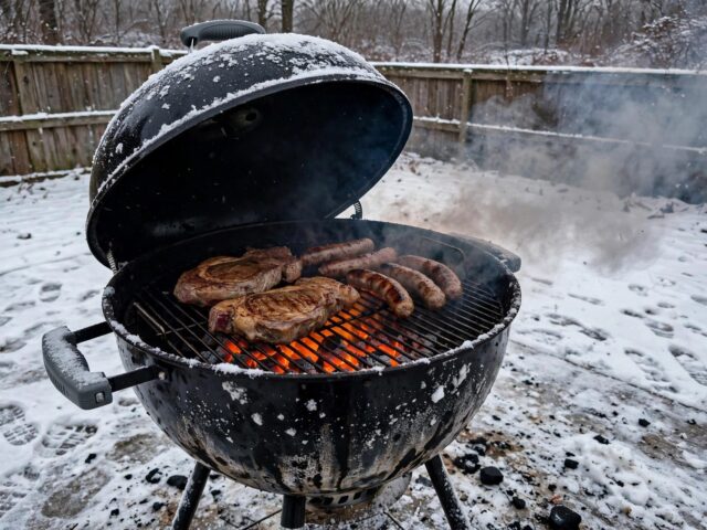 Kettle grill with lid open, cooking steaks and sausages in a snowy backyard, smoke rising from the hot coals
