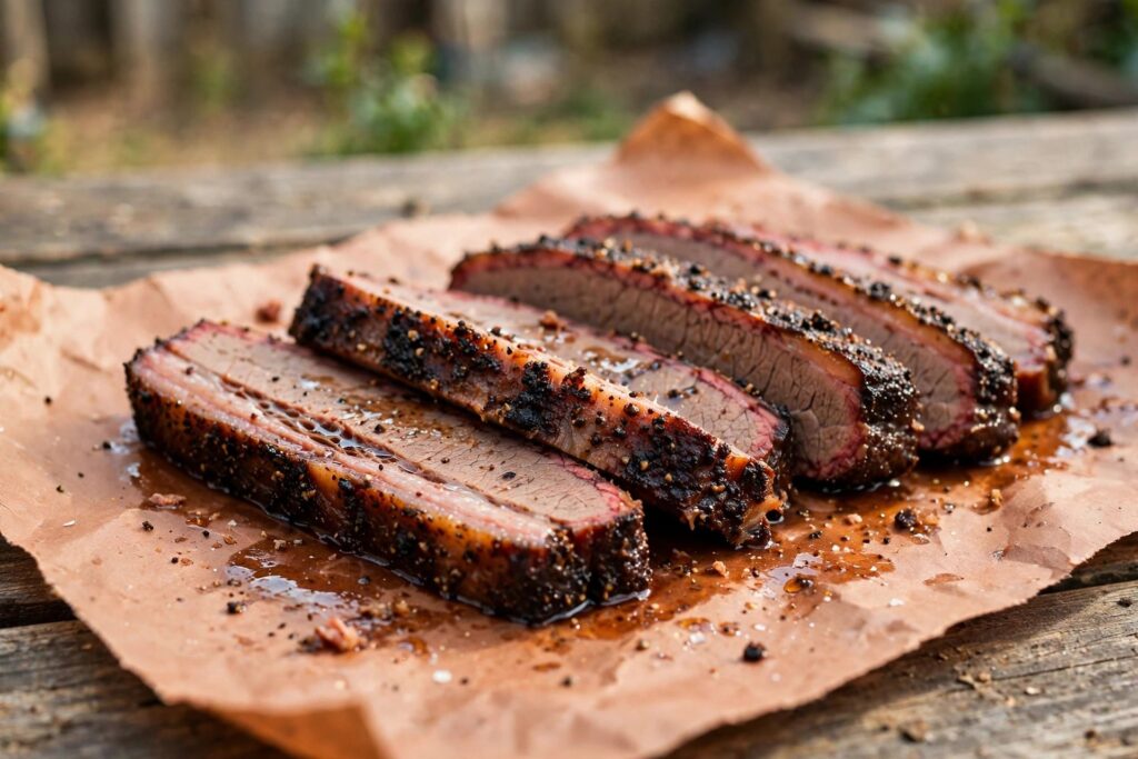 Sliced smoked beef brisket with dark peppery bark and a pink smoke ring, served on butcher paper