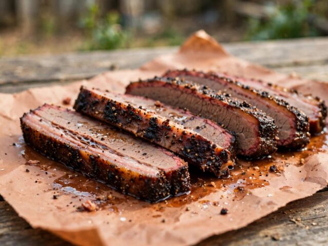 Sliced smoked beef brisket with dark peppery bark and a pink smoke ring, served on butcher paper