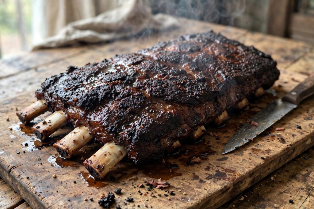 Smoked beef plate rib rack with dark bark resting on a wooden cutting board, smoke still rising from the meat