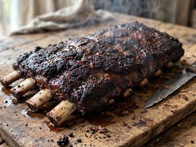 Smoked beef plate rib rack with dark bark resting on a wooden cutting board, smoke still rising from the meat
