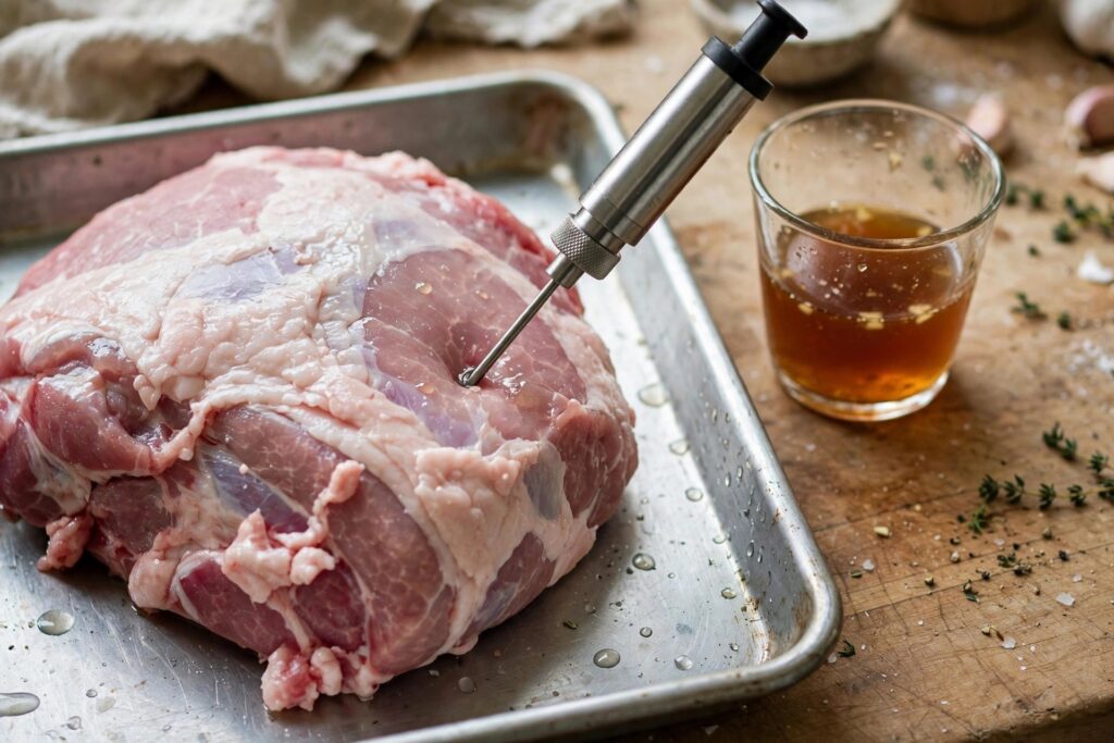 A metal meat injector syringe injecting marinade into a raw pork shoulder in a sheet pan