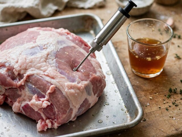 A metal meat injector syringe injecting marinade into a raw pork shoulder in a sheet pan