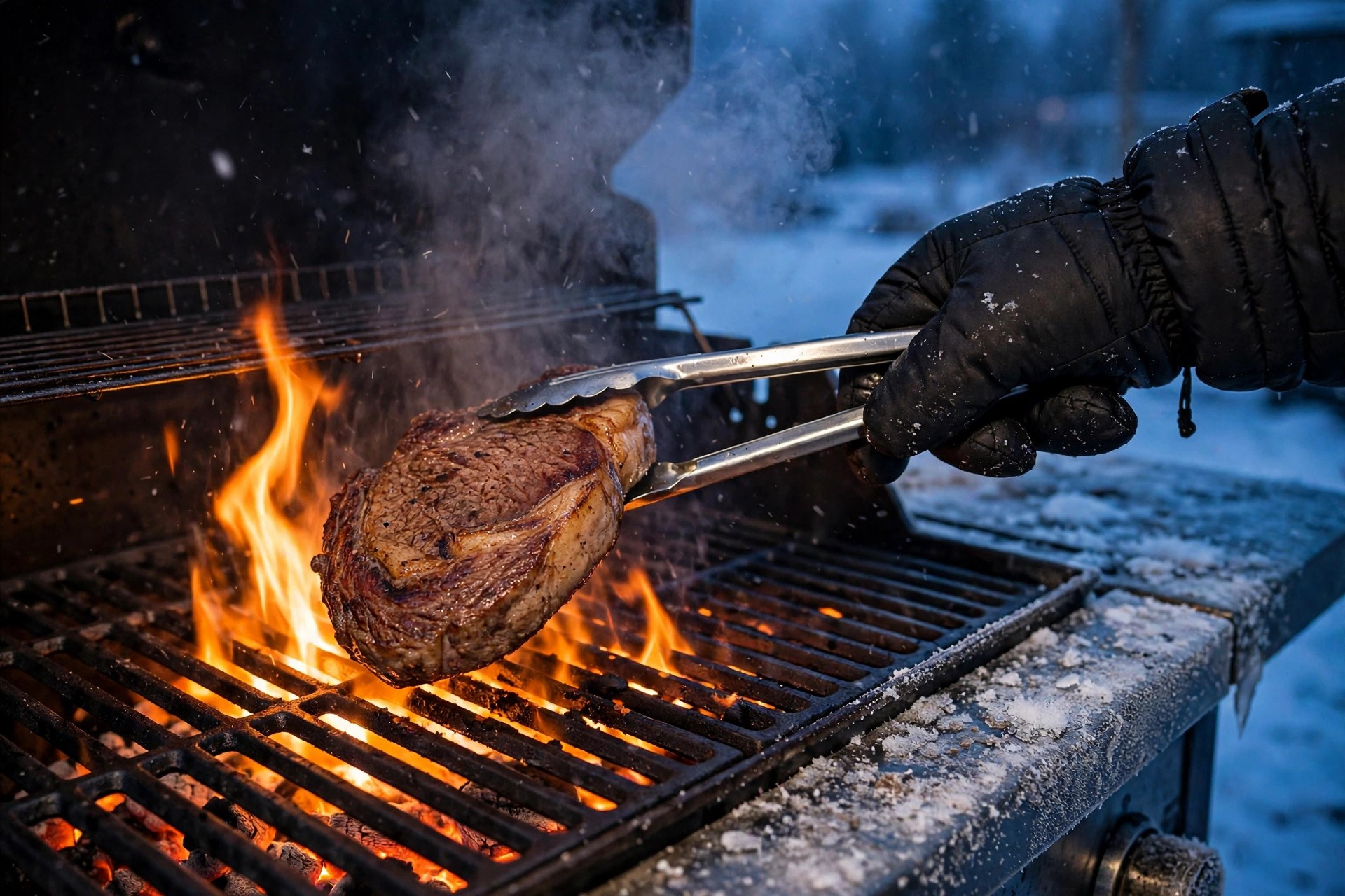 Gloved hand flipping a steak with tongs over open flames on a grill while snow falls
