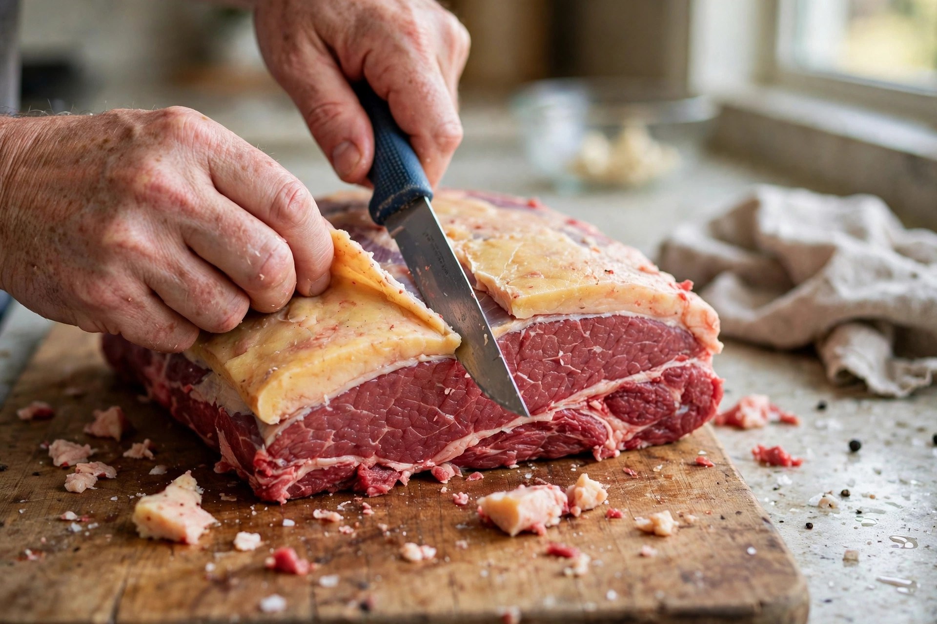 Trimming a raw whole packer brisket with a boning knife on a wooden board
