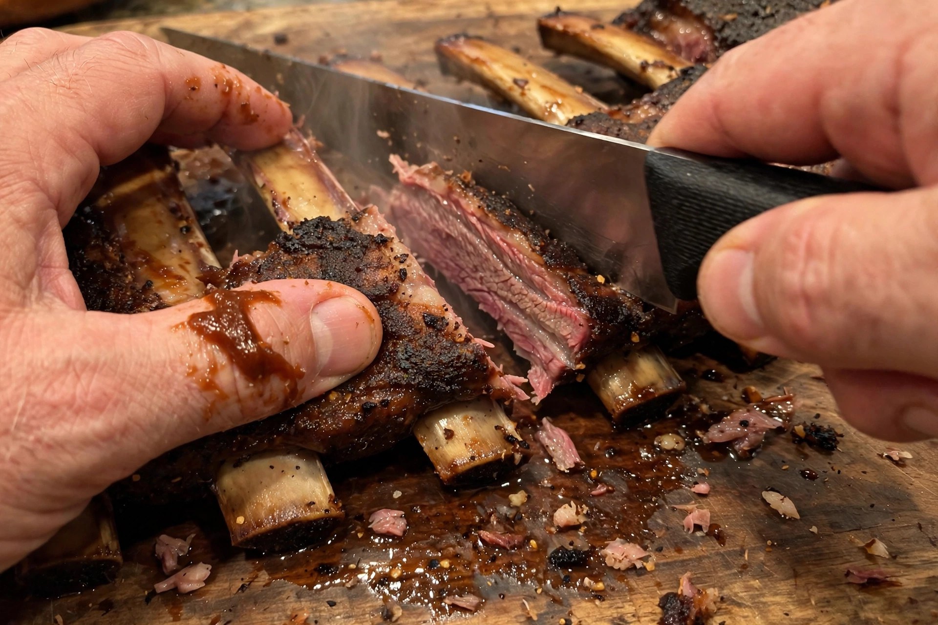 Hands slicing smoked beef plate ribs between the bones on a cutting board, steam rising from the juicy meat