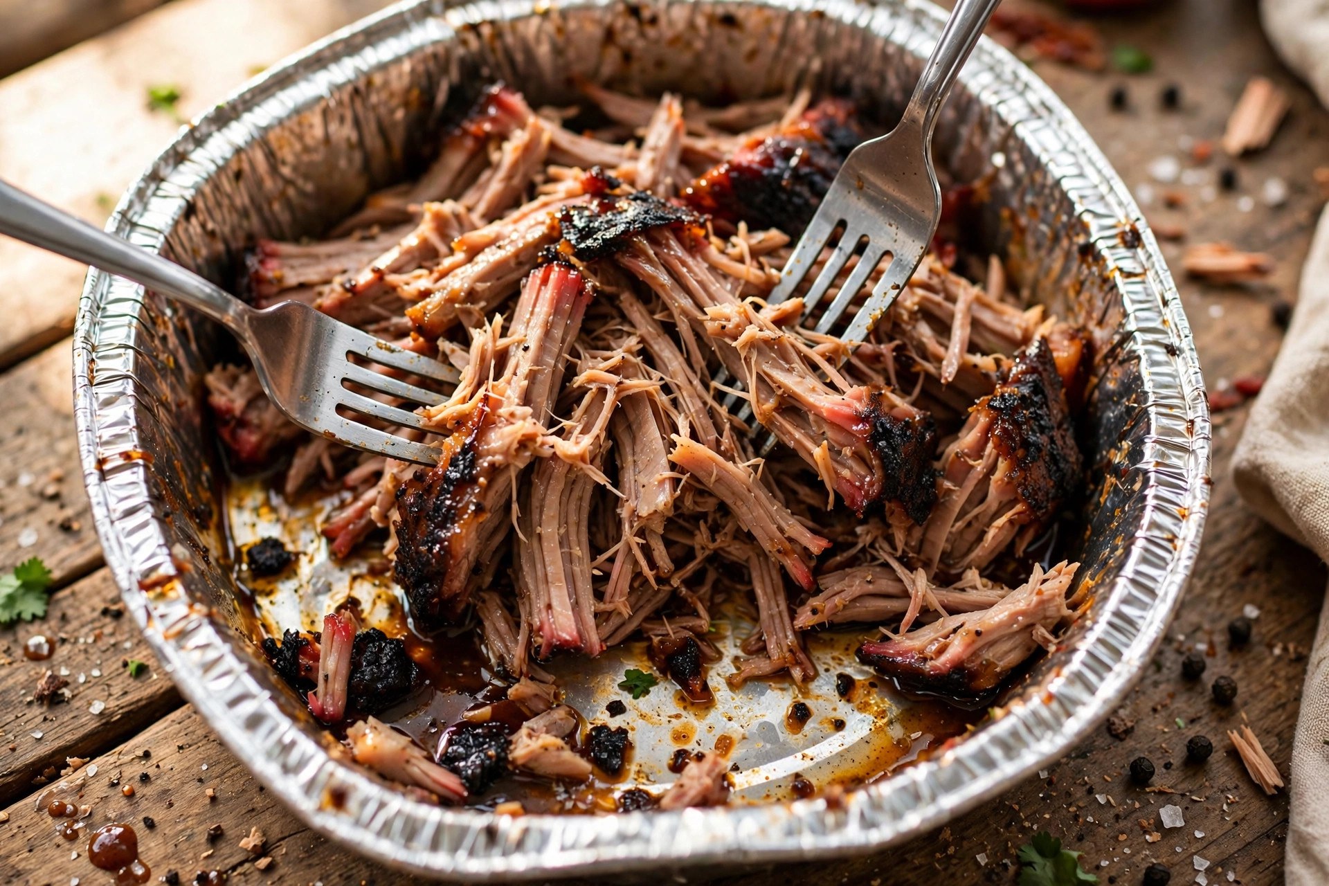 Juicy smoked pulled pork being shredded in a pan after cooking